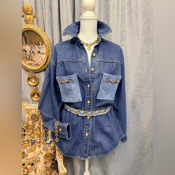 Custom Made Blue Denim Gucci Accents Jacket Shirt